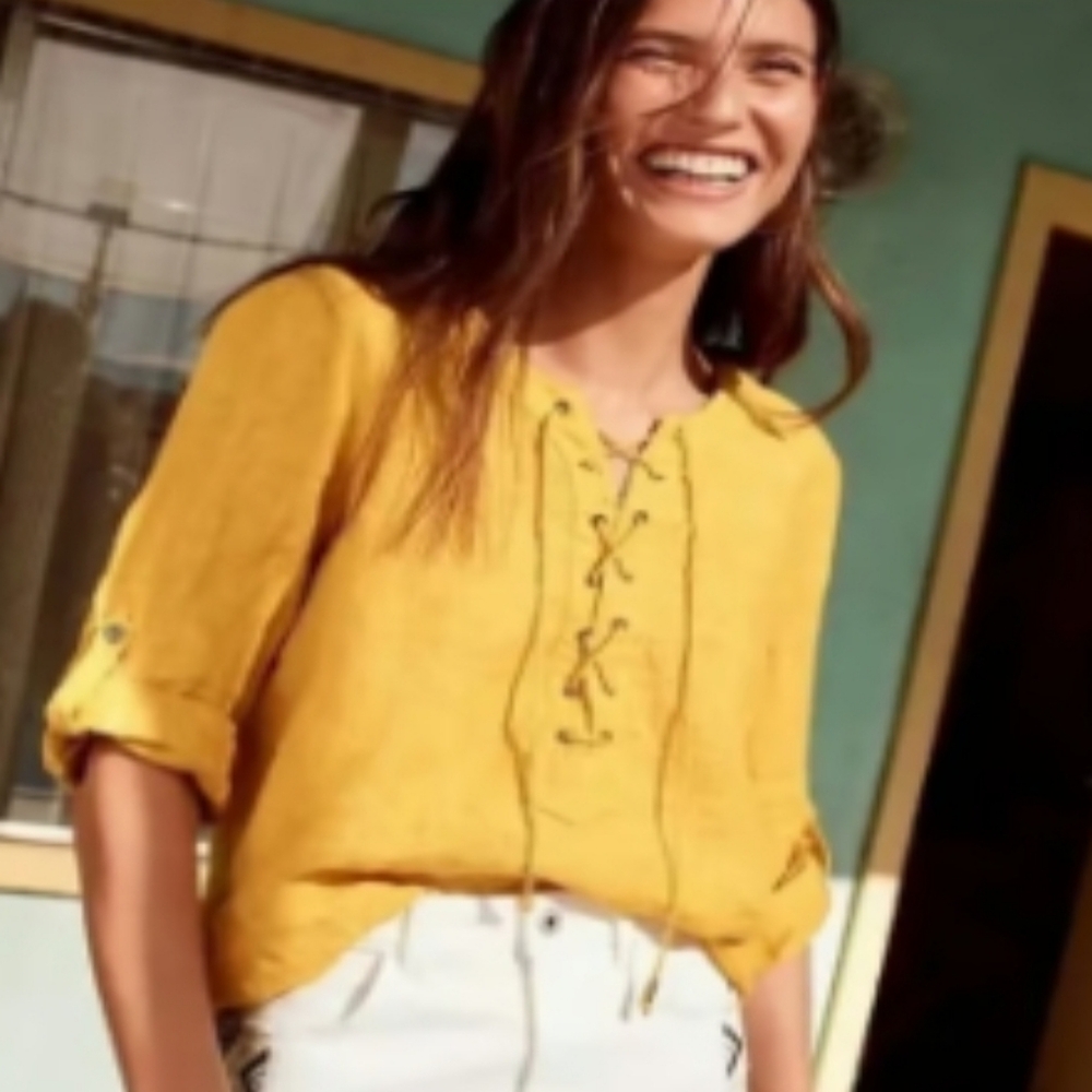 Maeve Marva Blouse Women 14 Linen Lace Up Gold Yellow Anthropologie Roll Tabs 1X